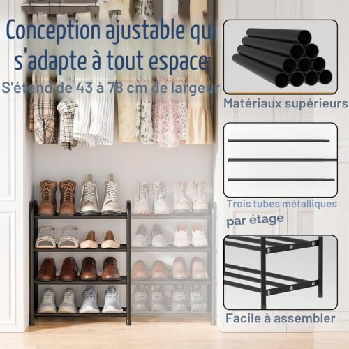Meuble à chaussures extensible de 43 à 78 cm de large en métal