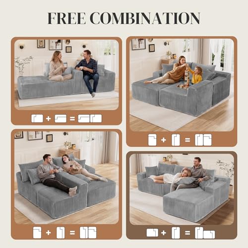 Image of 110 inch L Shaped Cloud Boneless Sectional Couches for Living Room, Modern Comfy Modular Deep Seat Memory Foam Compressed Corduroy Sofa Oversized Right Facing Chaise, No Assembly Required, Grey