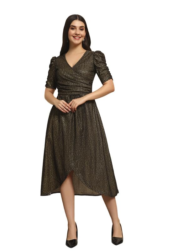 vaararo Black Shimmer Wrap Midi Party Dress for Women with Side Pockets | Puff Sleeves with Front Slit & V-Neck-picture-26
