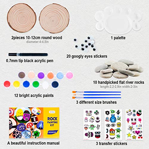 BOKIN Rock Painting Kit,River Stones/Palette/ Round Wood/Transfer Stickers/Acrylic Pen/Brushes Arts Crafts Supplies for Kids and Adults,Mandala Rock Painting,Hide and Seek Gift