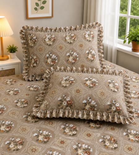 Image of Fitted Bedsheet Queen Size 300 TC Soft Cotton Feel Microfiber All Around Elastic Fitted Double Bedsheet with 2 Frill Pillow Covers | Size (60x78) Beige Gamla