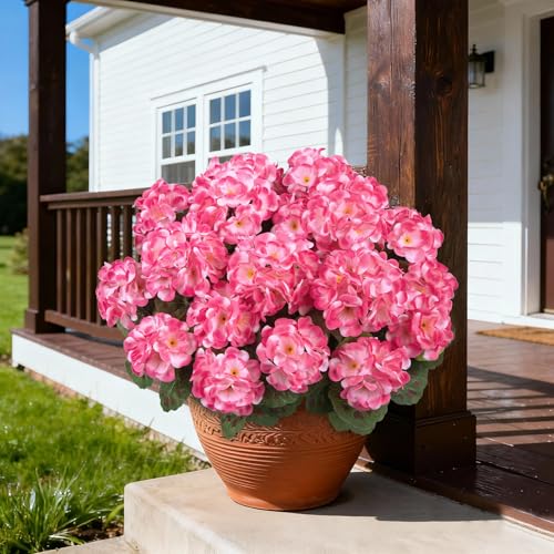 Image of Bassion Artificial Flowers for Outdoors, 6 Pcs Pink Fake Geraniums | UV resistant, silk flowers, realistic artificial geraniums, planter window box balcony outdoor garden outside decoration