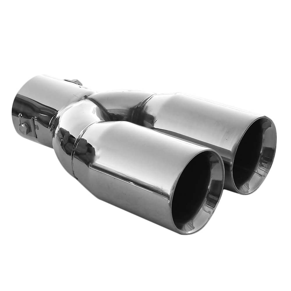 Embout d'échappement double tube double rond en acier inoxydable - Pot d'échappement sport - Embout d'échappement - Embout d'échappement universel - Chromé - Inoxydable