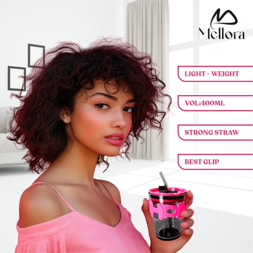 Image of MELLORA HOHO Glass Tumbler with Straw, Leak-Proof Lid & Letter Rubber Grip - 400ml | Stylish Wide Mouth Flask for Hot & Cold Beverages | Easy-Clean Mug for Office, Gym & Travel | Hot Pink