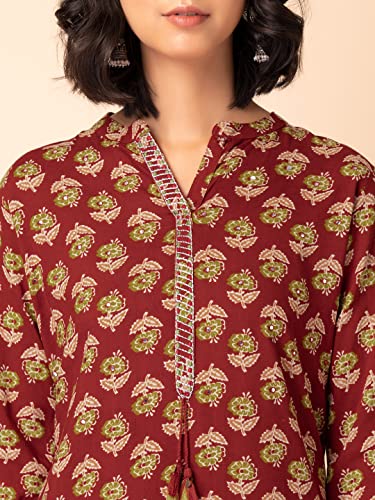Image of Indya Women Maroon Batik Boota Print Rayon Kurta