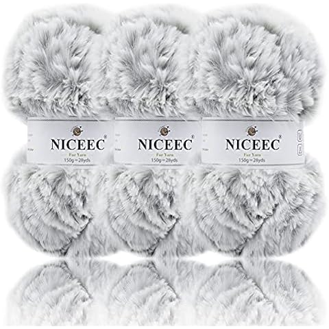 NICEEC 3 Skeins Chunky Fur Yarn Super Soft Faux Fur Yarn Fluffy Yarn Fuzzy Yarn Eyelash Yarn for Crochet Knit-Total Length 3×26m(3×28yds,150g×3)-Light Grey Cover