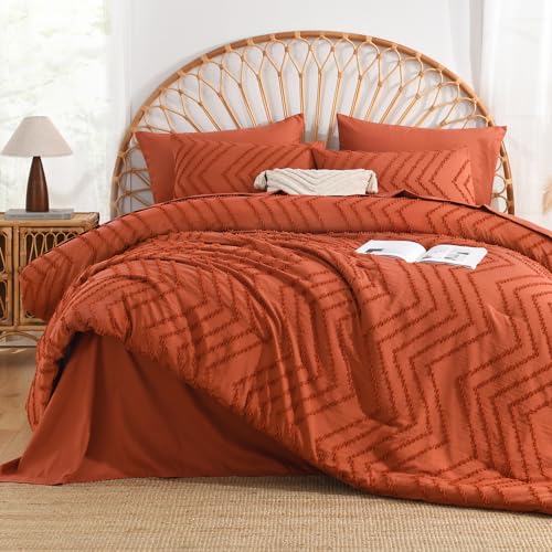 Image of Andency Queen Comforter Set Burnt Orange, 7 Pieces Boho Tufted Terracotta Bed in a Bag, Soft Fluffy Bedding Set with 1 Comforter, 1 Flat Sheet, 1 Fitted Sheet, 2 Pillow Shams, 2 Pillowcases