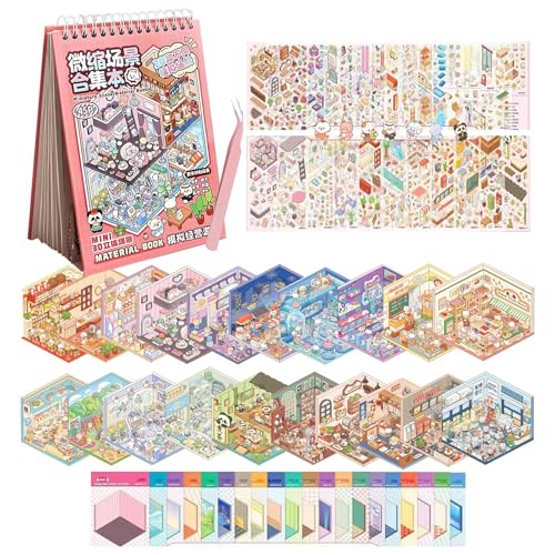 20 Sets 3D Sticker Therapy Scene Material Book DIY 3D House Stickers Set for Adults Rich Collection of 3D Space Stickers and Storage Spiral Notebook Room Sticker Book for Adults