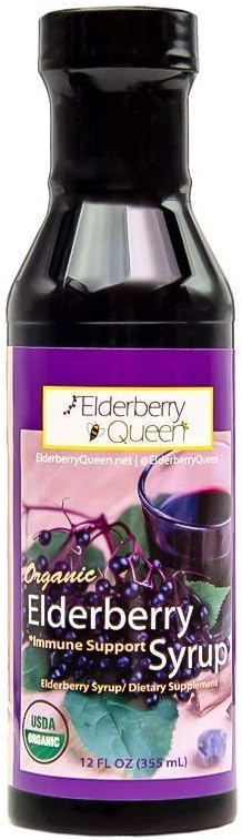 Elderberry Queen Organic Elderberry Syrup 12 Fl Oz - Immune Support Formula with Sambucus Black Elderberry & Aronia Berry - Pure Natural Certified Organic Elderberry Syrup for Kids and AdultsUSDA Organic