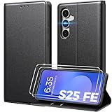 Peakally Handyhülle für Samsung Galaxy S25 FE Hülle Mit 2 Panzer Schutz Glas, Premium PU Lederhülle mit Kartenfach RFID-Blockierung Standfunktion Klapphülle für Samsung S25 FE, Schwarz