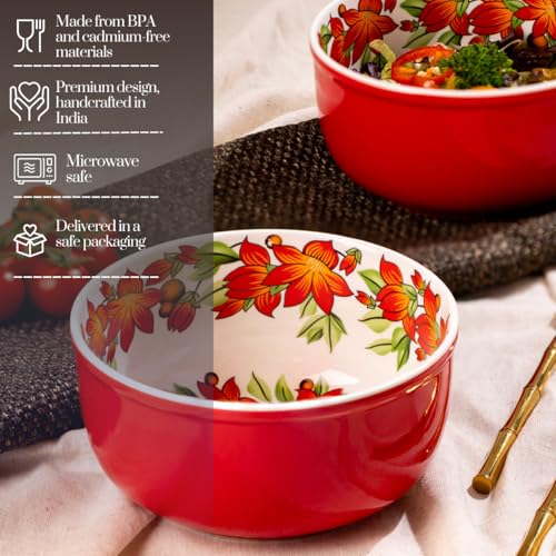 Image of GOLDEN QUEEN'S Handcrafted Ceramic Bowls, Set of 2 | Ideal for Snacks, Ramen, Salad, Cereals, Rice, Dinner - Rustic Bloom Bowl