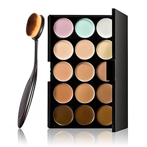 LyDia® 15 Nude Colours Cream Concealer/Highlight/Face Contour Camouflage Palette Dull/Redness Skin/Black Circle kit set #1 + LyDia® Professional Oval Black Face/Eye/Body Cosmetic Foundation/Concealer/Blush/Blusher/Contour/Bronzer/Powder/Eyeshadow Buffer Makeup Brush