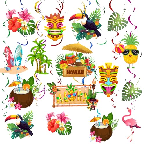 Image of 32pcs Aloha Party Decorations Hawaiian Luau Hanging Swirls Tropical Summer Tiki Party Decorations Flower Palm Flamingo Sign Foil Ceiling Hawaiian Decor Ect Beach Hawaiian Party Supplies