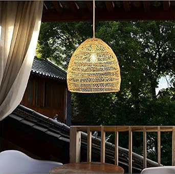 Pendant Lighting for Kitchen Island, Japanese Bamboo Hanging Light Modern Beige Pendant Light with Adjustable Cord, 14" Wicker Rattan Ceiling Hanging Fixture