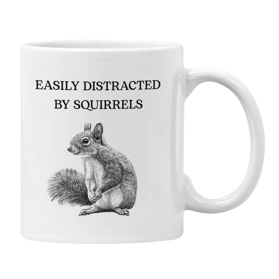 Plumfoolery Easily Distracted by Squirrels Mug Coaster Squirrel Gift Men Women Funny Birthday Present ADHD (White)