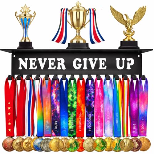 Bliocefo Medals Hanger Holder Display Steel Rack Hooks Wall Mount Frame Over 60 Medals-Sports Medal Hook Storage Organizer Never Give Up Ribbon with Easy Hanging Bars Black (Never Give UP Shelf)