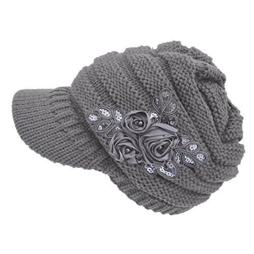 Winter Hat, ღ Ninasill ღ Exclusive Women's Cable Knit Visor Hat With Flower Accent (Gray)