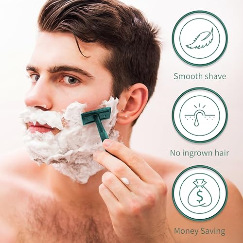Image of Bambaw Double Edge Close Comb Safety Razor with Stand, Shaving Razor for Men with 5 Safety Razor Blades, Reusable Eco Freindly DE Metal Razor - Sea Green