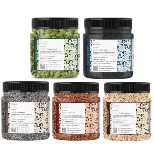 Image of LILA DRY FRUITS Pumpkin Sunflower Basil Chia Flax Seeds Combo Pack 100g x 5
