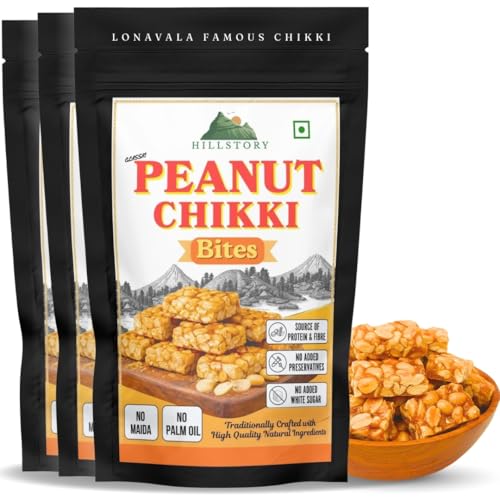 HILLSTORY Lonavala Famous Peanut Chikki Bites | White Sugar Free | High in Protein & Fibre | Groundnut Chikki Gajak Jaggery Sweets | Crunchy Gazak Peanut Brittle Bars | No Added Preservatives | Traditional Healthy Indian Snacks 150g (Pack of 3)
