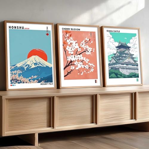 Image of kotart Japan Nature Art and City View Wall Framed Posters | Japanese Nature Art and City View Aesthetic Framed Poster for Living Room Bedroom Gaming Room Studio Wall Decor Set Of 3 (13X17 inch)