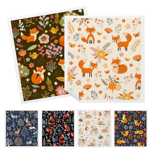HEIFAM 6 Pack Mixed Fall Animal Swedish Kitchen Dishcloths, Reusable