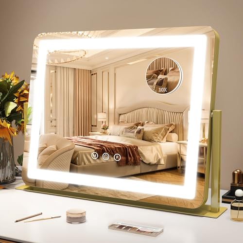 Image of ROLOVE Gold Vanity Mirror with Lights - Smart Touch Dimming, 3-Color Lighting, 360 Rotatable Desktop Makeup Mirror for Desk, 22 inchx17 inch