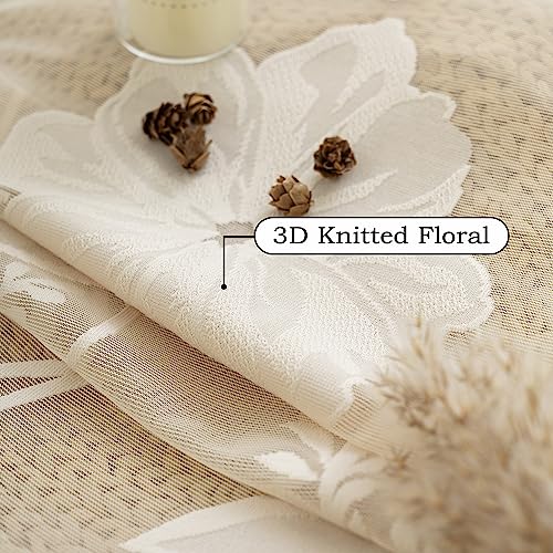 Semi-Sheer Beige Lace Curtains for Bedroom 90 inch Long Country Chic Rose Floral Embroidered Sheer Curtain Panels for Living-Room Leaf Window Drapes with Scalloped Edge 52"w 1 Pair Pencil Pleat - Image 4