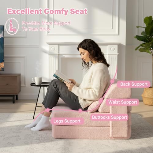 Image of Tiita Convertible Folding Sofa Bed Single Size for Adults with Pillow, Plush Fabric Floor Mattress Couch Bed, Washable Cover & Side Pocket, Guest Room, Dorm, Apartment, Living Room, Pink