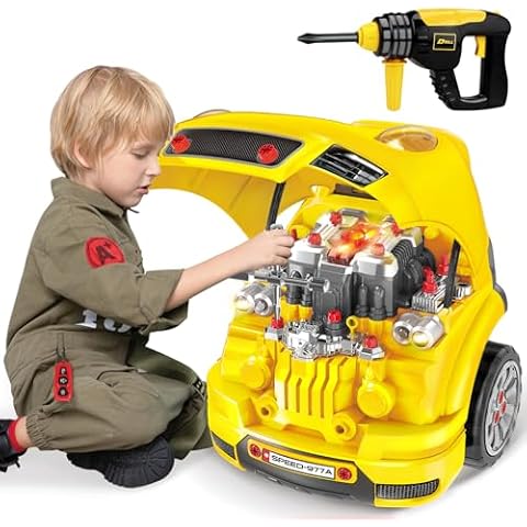 Deejoy Large Truck Builder Kit for Toddlers 3-5, Kids Mechanic Workshop Set with Light and Sound, Removable Engine, Yellow, 15.3x18.7inch Cover