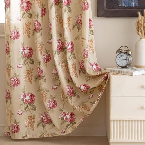 Image of Clasiko Block Print Sheer Window Curtains; 40% Light Filtering Linen Textured Curtains with Eyelets; Set of 2; 54x60 Inches / 5 Feet; Amber Bloom