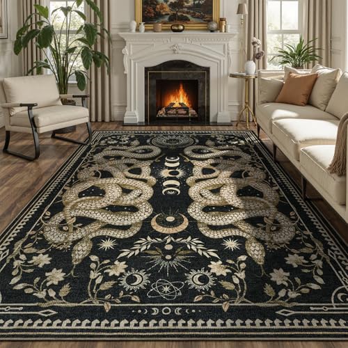 DCX Washable 5x7 Snake Rug Black Gothic Rug for Living Room Soft Low Pile Carpet Kid & Pet Friendly with Rubber Back Non Slip Stain Resistant Rug for Bedroom Dining Room Office