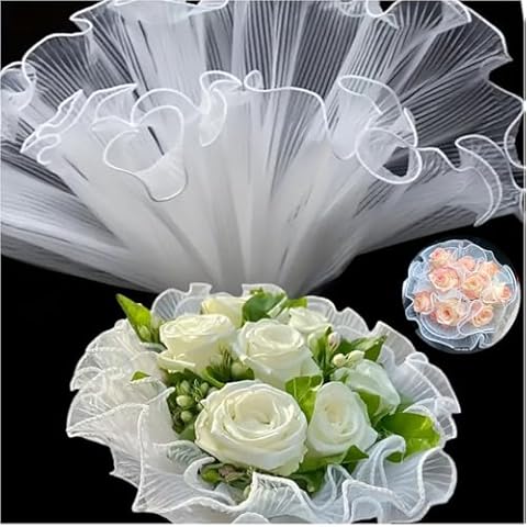 4.37 Yards Flower Wrapping Mesh Paper,Wavy Edge Bouquet Packaging Paper Wrinkled Translucent for Party Favor Decor, Valentine's Day Florist Supplies Wedding Birthday Gift Packaging White Cover
