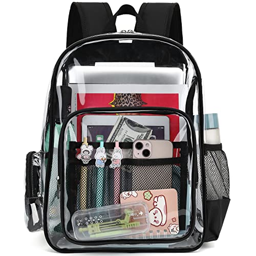 Heavy Duty Clear Backpack School Backpack, PVC Transparent Backpacks See Through Bookbag for Girls Boys Women Men (Black)