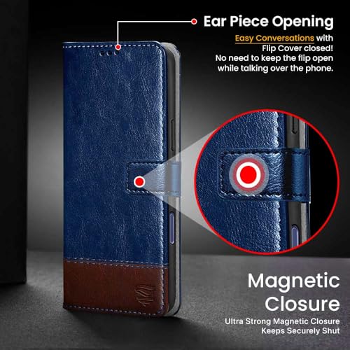 Image of FLIPPED Vegan Leather Flip Case Back Cover for iPhone 16 (Flexible, Shock Proof | Hand Stitched Leather Finish | Card Pockets Wallet & Stand | Blue with Brown)