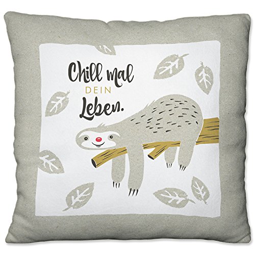 Die Geschenkewelt 45414 Plüsch-Kissen mit Happy Life Faultier Motiv Chill mal Dein Leben, 25 cm x 25 cm, Geschenk-Artikel, Mehrfarbig, ca. 25 x 25 x 5 cm