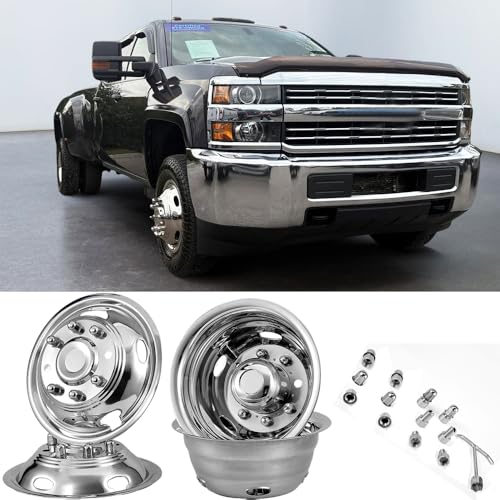 Image of 17 inch Polished Stainless Steel Dually Wheel Simulator for 2011-2025 Chevry Silverado|GMC Sierra 3500HD,4pcs Nice Looking Bolt On Wheel Cover,8 Lug 5 Hand hole Hubcap with Installation Tool Kit