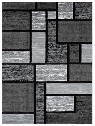 Image of Modern 5x7 Grey-Black Square Geometric Living Room Rug - Area Rugs for Living Room Dining & Bedroom - Hand Carved Runner Carpet - Durable Polyester - Non-Fade Stain-Resistant - Turkish Made