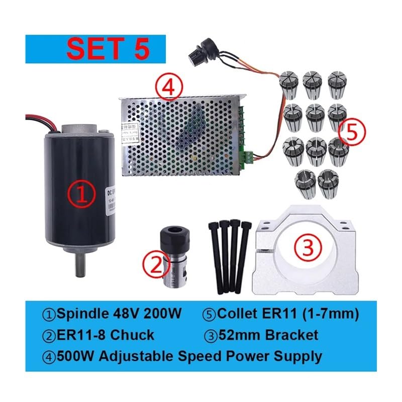 Spindel-Set, 200 W, 48 V DC, 0 ~ 60 V DC, einstellbarer Drehzahlregler, Netzteil, sowohl 110 V AC als auch 220 V AC für Graviermaschine (48 V, 200 W, 5)