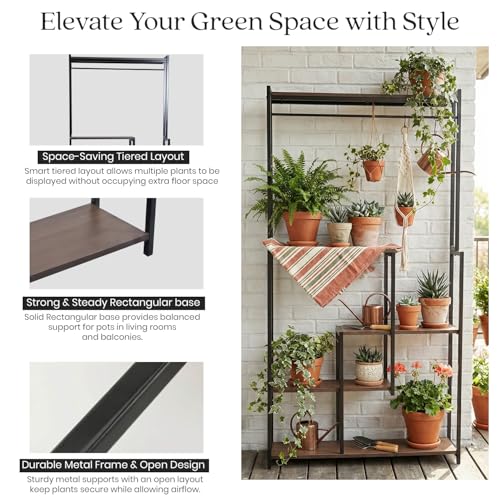 Image of ORILEY RectiQuad 4 Tier Wooden Plant Stand with Rectangular Base Indoor Multiple Flower Pot Holder Wood Display Racks for Home Potted Plants and Flowers Balcony & Garden (Pack of 1)