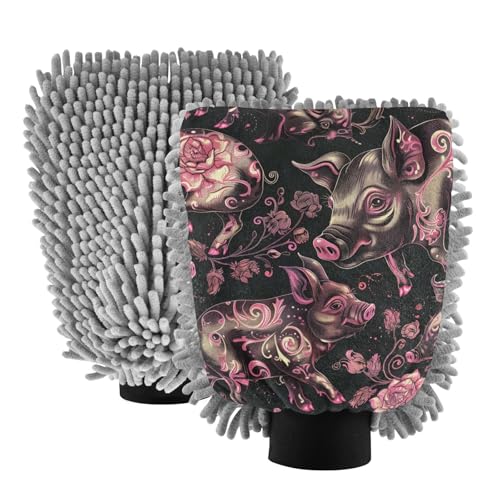 IOACIY Absorbent Microfiber Car Wash Drying Mitts, 2 Pack, Scratch-Free & Lint-Free, Rich Foam, Highly Absorbent, Double Sided, Wash Mitt Perfect for Car Washing, L, Pig (11)
