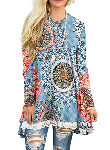 Sanifer Women Floral Tops Lace Long Sleeve Tunic Top Blouse (3X-Large, Blue)
