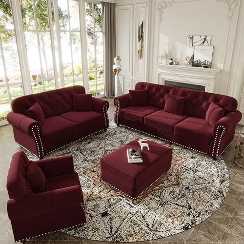 Image of KEIKI 3-Piece Chesterfield Sofa Set with 1 Velvet 3-Seater Sofa & 1 Loveseat & 1 Single Sofa, 6-Seater Couch Set with Nailhead Trim & Rolled Arms & 1 Ottoman & 6 Pillow, for Living Room, Burgundy