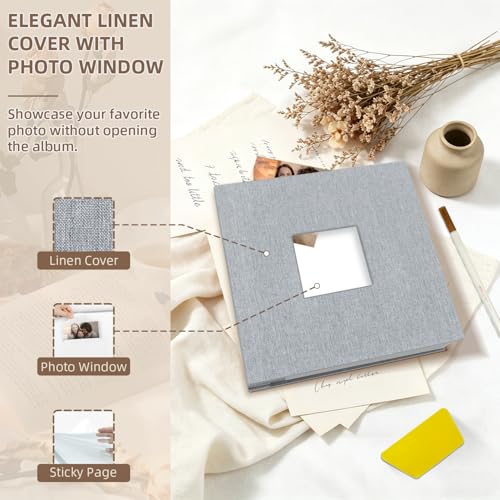 Popotop Photo Album Self Adhesive with Picture Display Window,40 Pages DIY Scrapbooking Supplies Kit for 4x6 10x12 Picture,Linen Cover Memory Book for Baby Wedding, with Scraper and Metallic Pen by popotop - Image 3