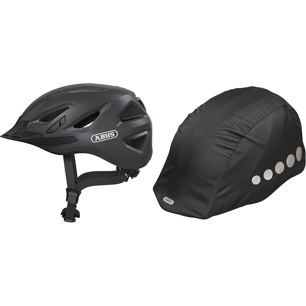 ABUS 86864 Fahrradhelm, Schwarz (Titan), L (56-61 cm​) & Regenkappe für Helme - Regenschutz mit dekorativen Reflektoren und Gummizug