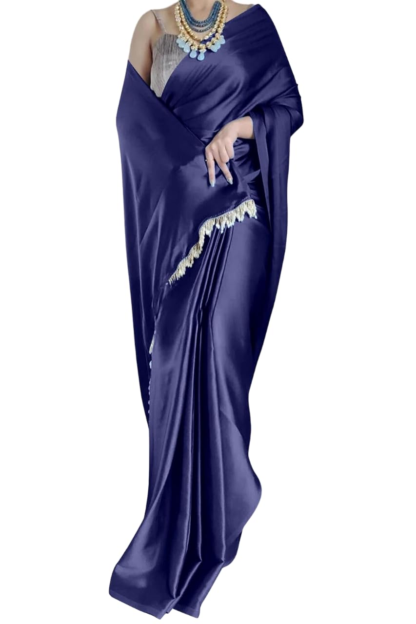 A To Z CartWomen's Satin Silk Solid Plain Saree Shiv Shakti-New