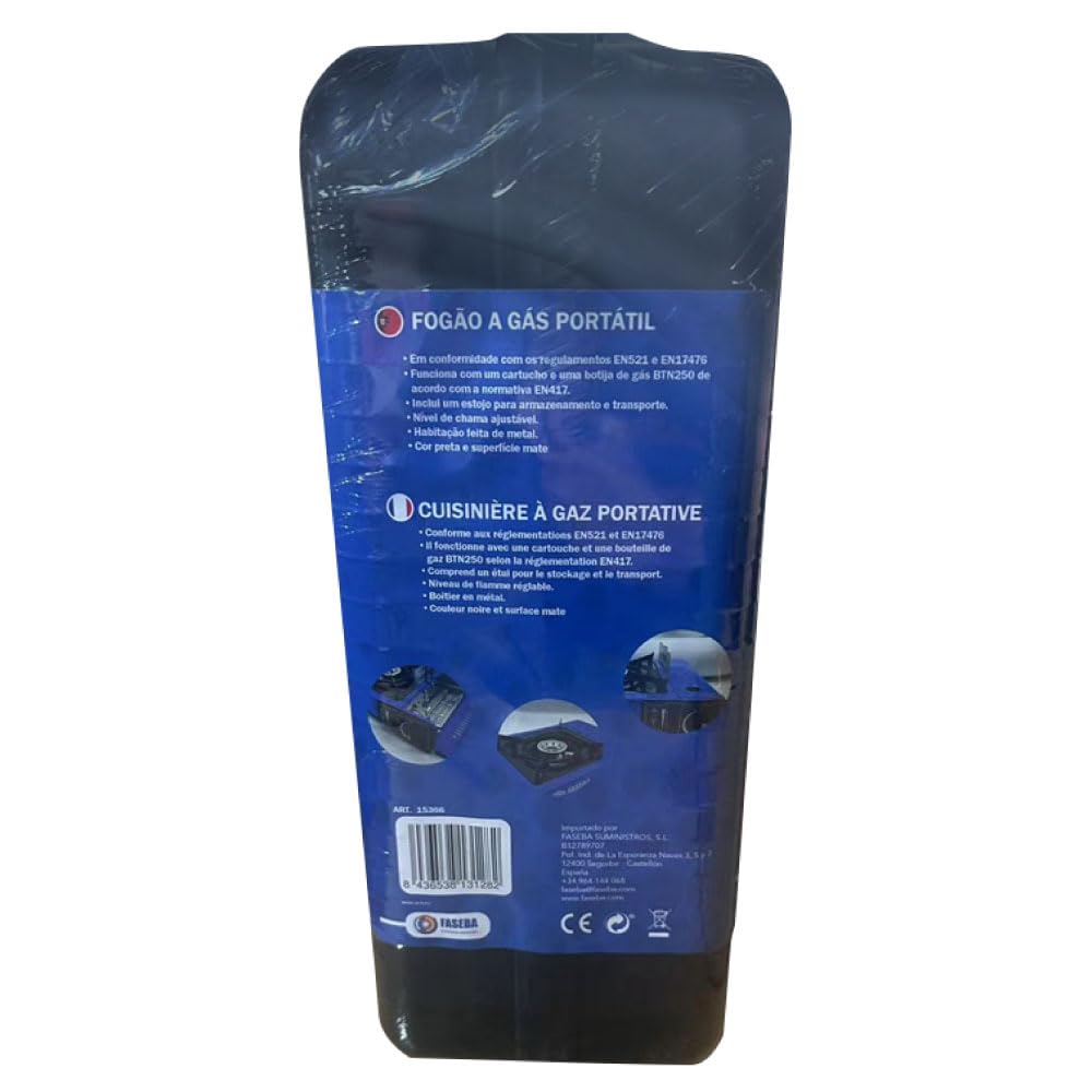 Hornillo camping gas portatil y 4 cartuchos de gas butano BTN 250 FASEBA. Cocina homologada, ideal para camping y uso en exteriores.