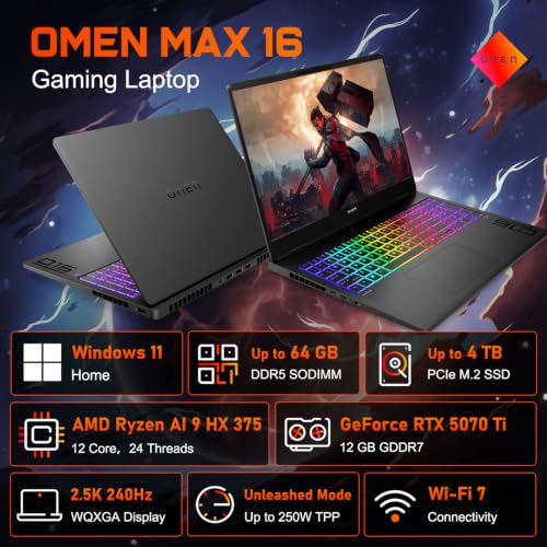 Image of HP OMEN 16 MAX RTX 5070 Ti AMD Ryzen AI 9 HX 375 QHD+ Gaming Laptop