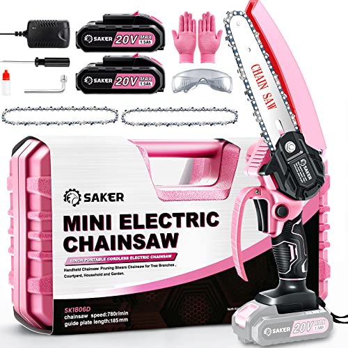 Saker Mini Chainsaw,6 Inch Portable Electric Chainsaw Cordless Pink,Handheld Chain Saw Pruning Shears Chainsaw For Tree Branches,Household And Garden(Saker Mini Chainsaw Pink + 2 Batteries + 3 Chains) #TOP4
