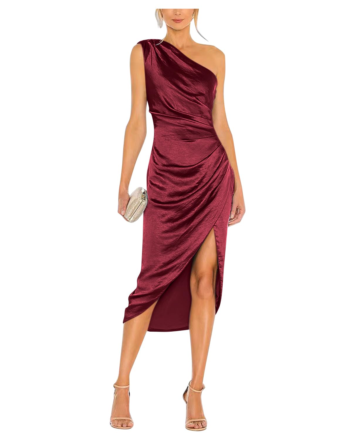 Satin Bridesmaid Dresses for Women One Shoulder Prom Dress Pleated Midi Formal Cocktail Gown Wedding Guest Dress with Slit
